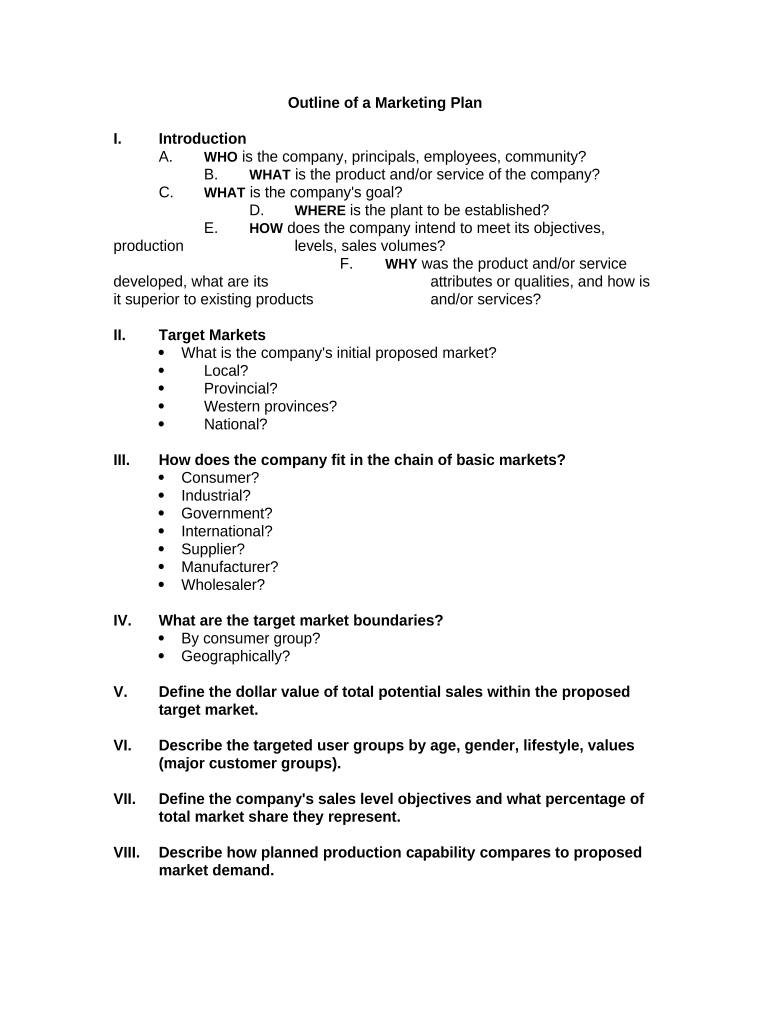 Outline of a Marketing Plan  Form