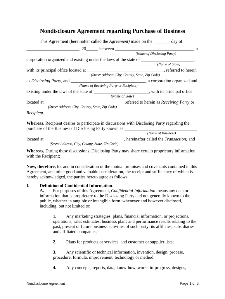 Nondisclosure Agreement Regarding Purchase of Business  Form
