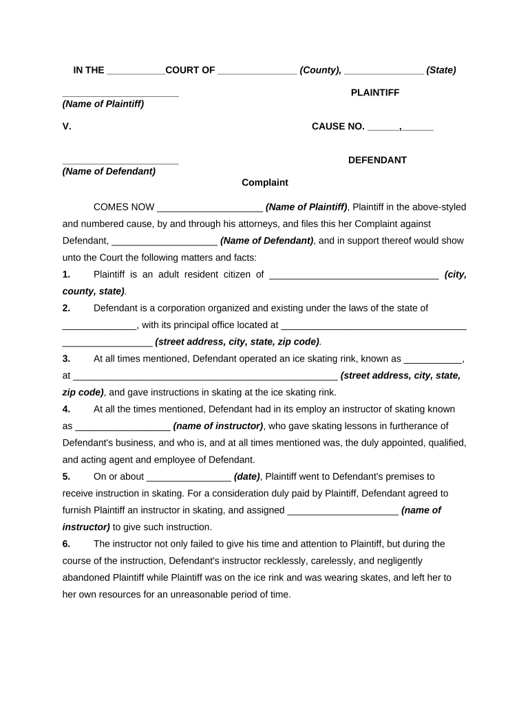 Complaint Due to Fall While Ice Skating as a Result of Inattentiveness of Skating Instructor  Form