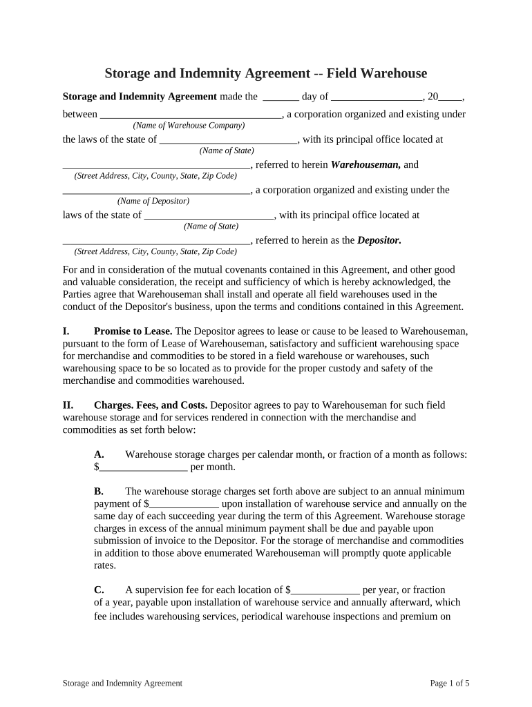 Storage Agreement Warehouse  Form