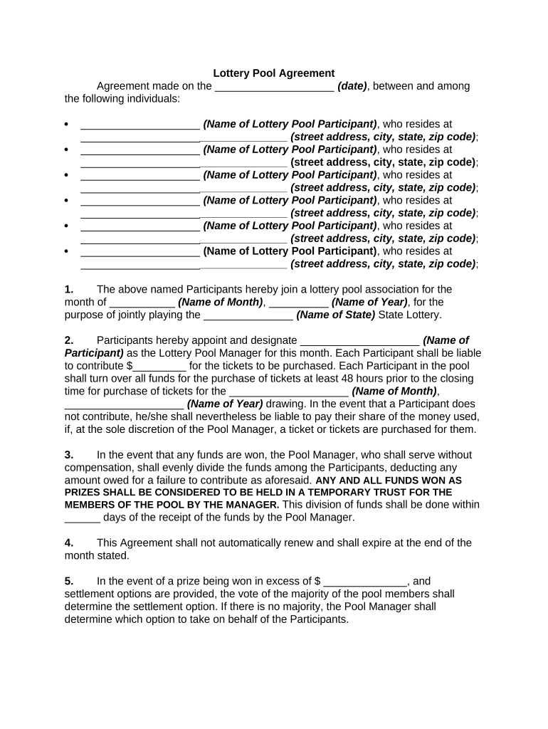 Lottery Pool Agreement Template  Form