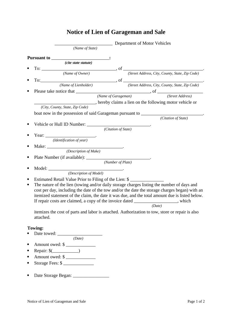 Notice of Lien of Garageman and Sale  Form