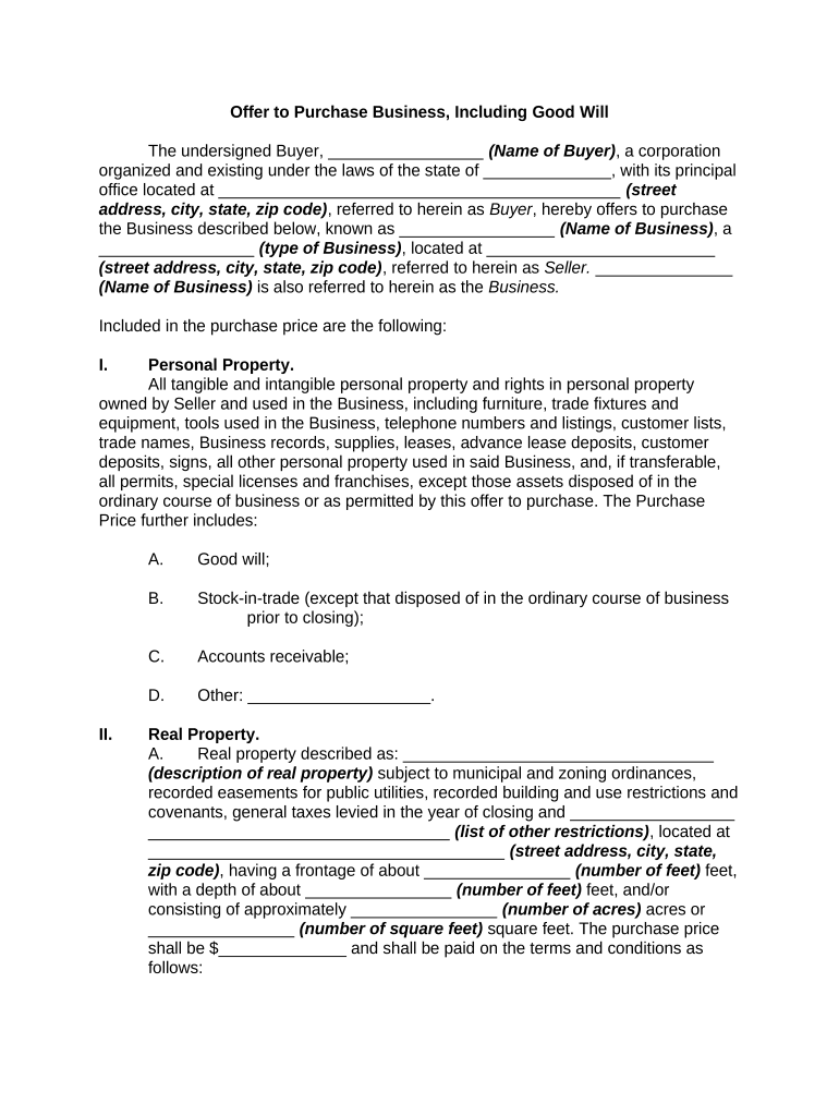 Offer to Purchase Business, Including Good Will Form