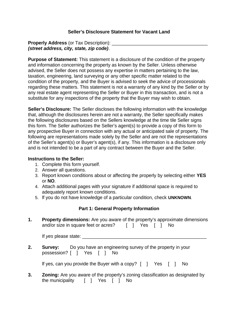 Seller's Disclosure Statement for Vacant Land  Form