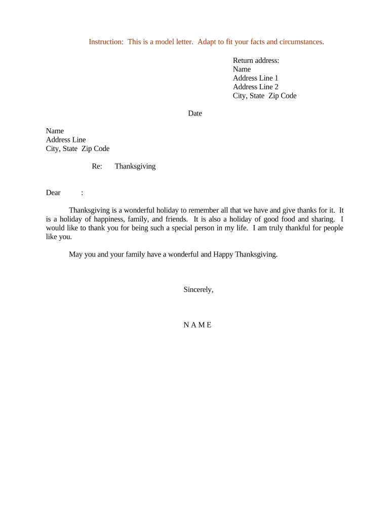 Sample Letter for Happy Thanksgiving  Form