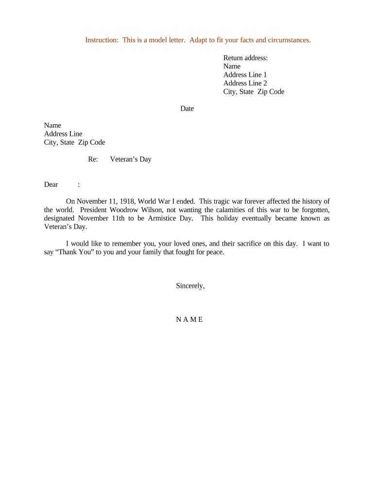 Sample Letter for Veteran's Day  Form