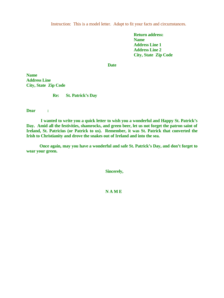 Sample Letter for Happy St Patrick's Day  Form