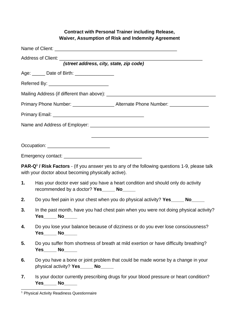 Personal Trainer Agreement  Form