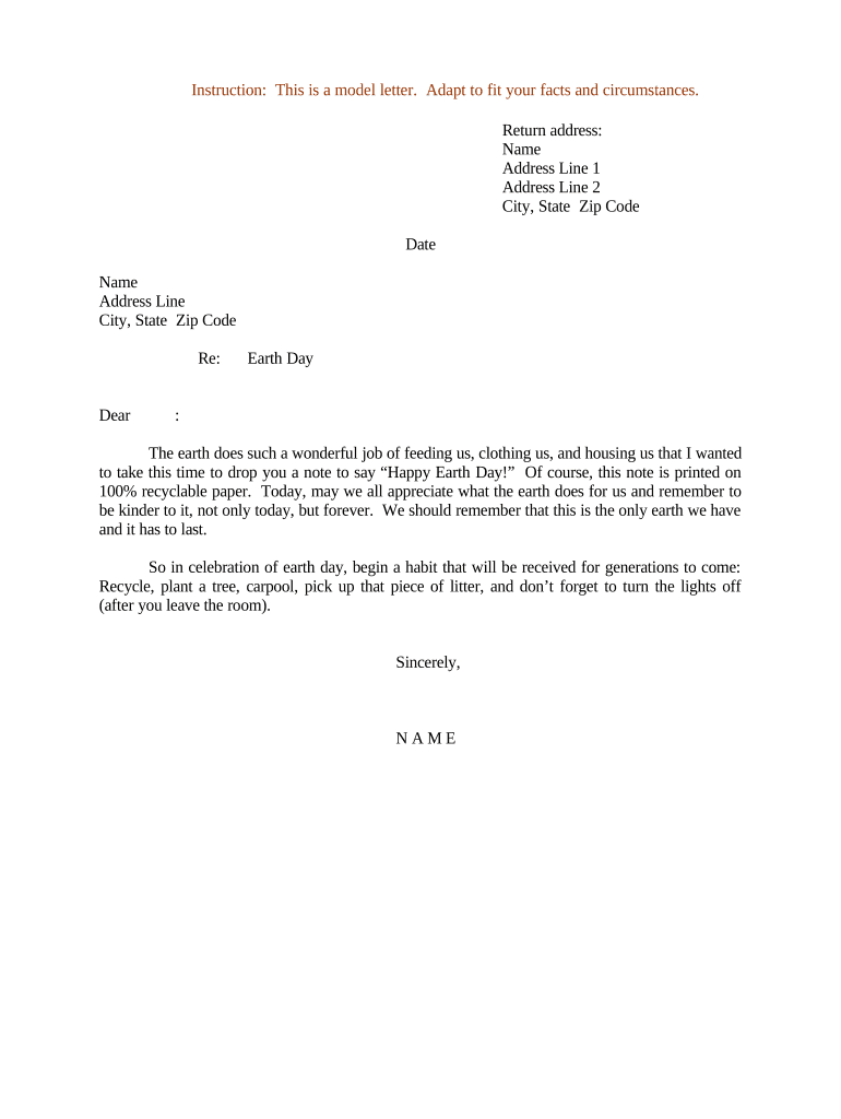 Sample Letter for Earth Day  Form