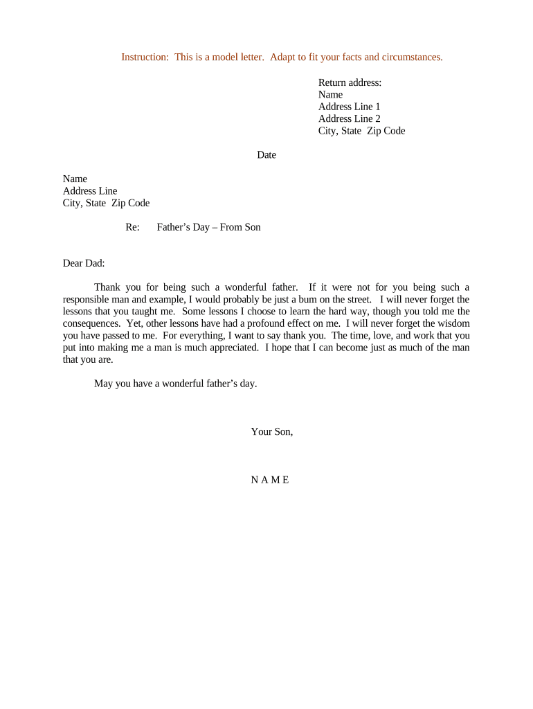 Sample Letter for Happy Father's Day from Son  Form
