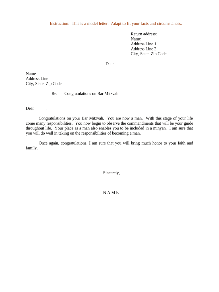 Sample Letter for Congratulations on Bar Mitzvah  Form