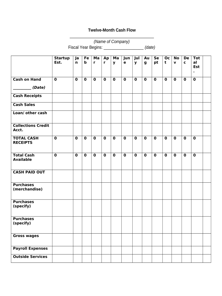 Twelve Month Cash Flow  Form