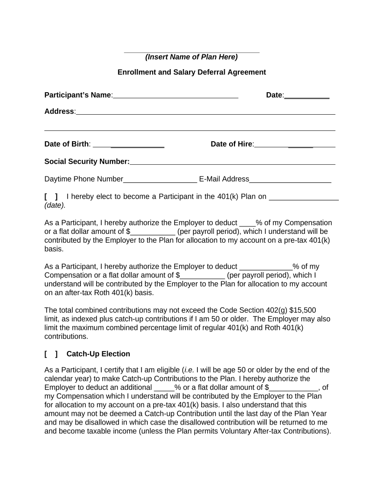 Enrollment and Salary Deferral Agreement  Form