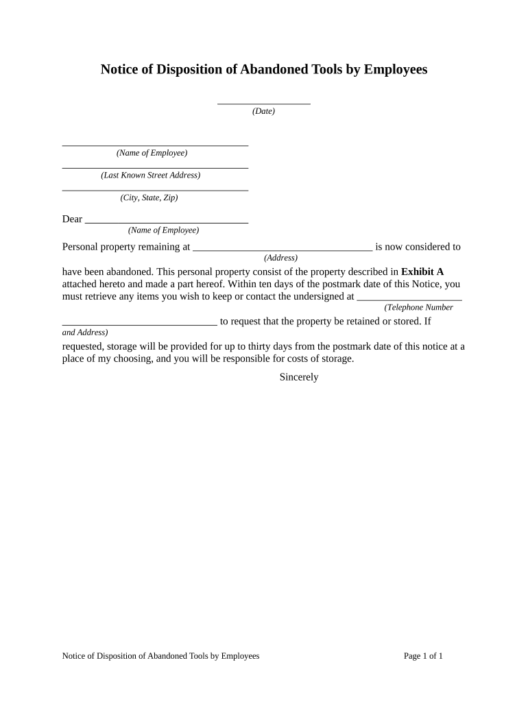 Notice of Disposition of Abandoned Tools by Employees  Form