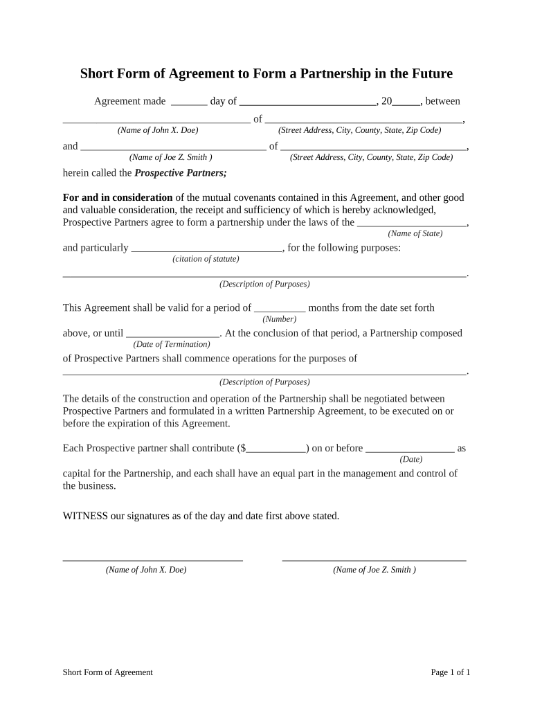 Short Agreement Partnership  Form