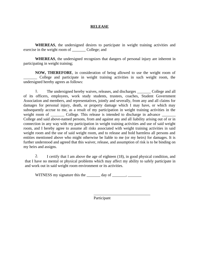 Release of College from Liability Regarding Weight Training  Form
