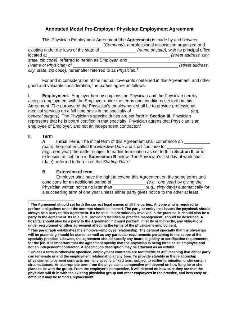 Annotated Model Pro Employer Physician Employment Agreement  Form