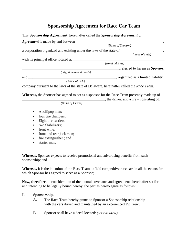 Race Car Sponsorship Template  Form