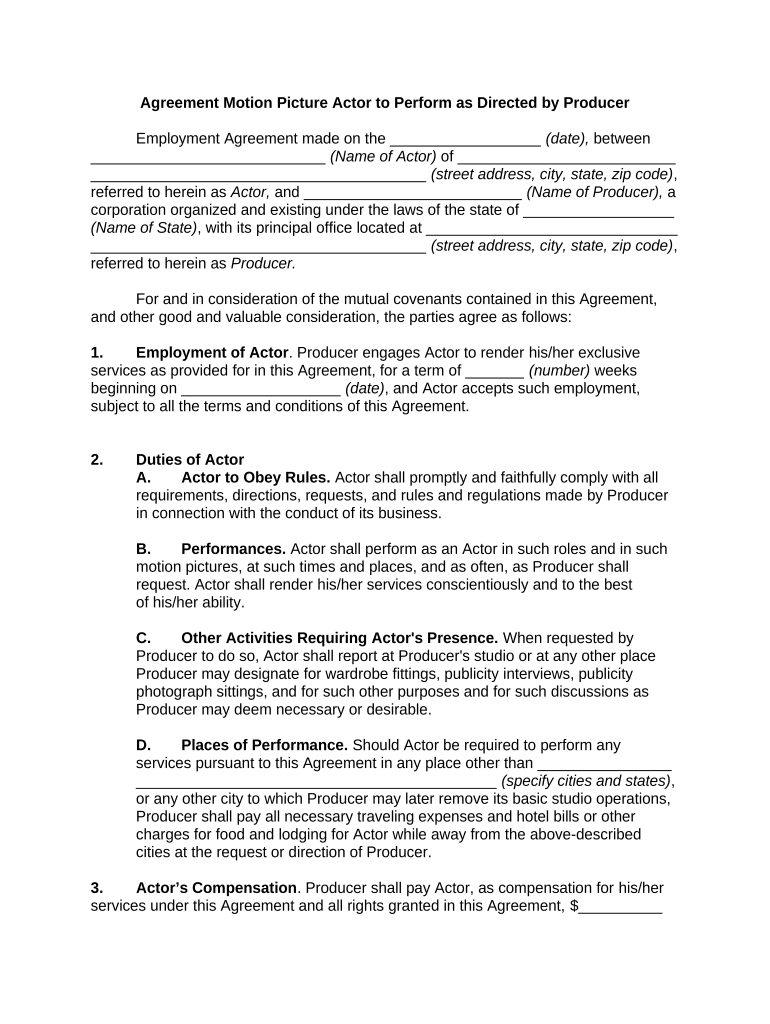 Agreement Actor Contract  Form