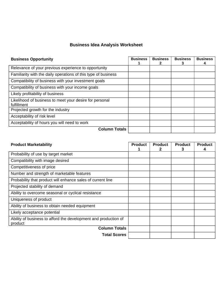 Business Idea Analysis Worksheet  Form