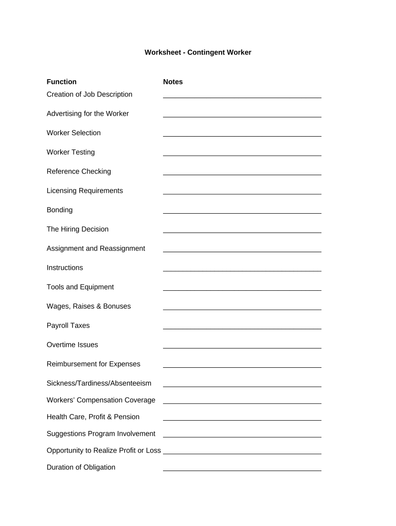 Worksheet Contingent Worker  Form