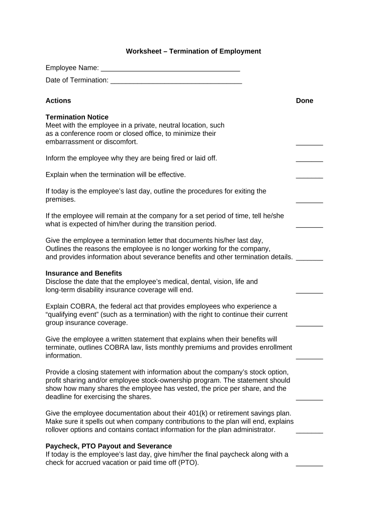 Worksheet Termination of Employment  Form