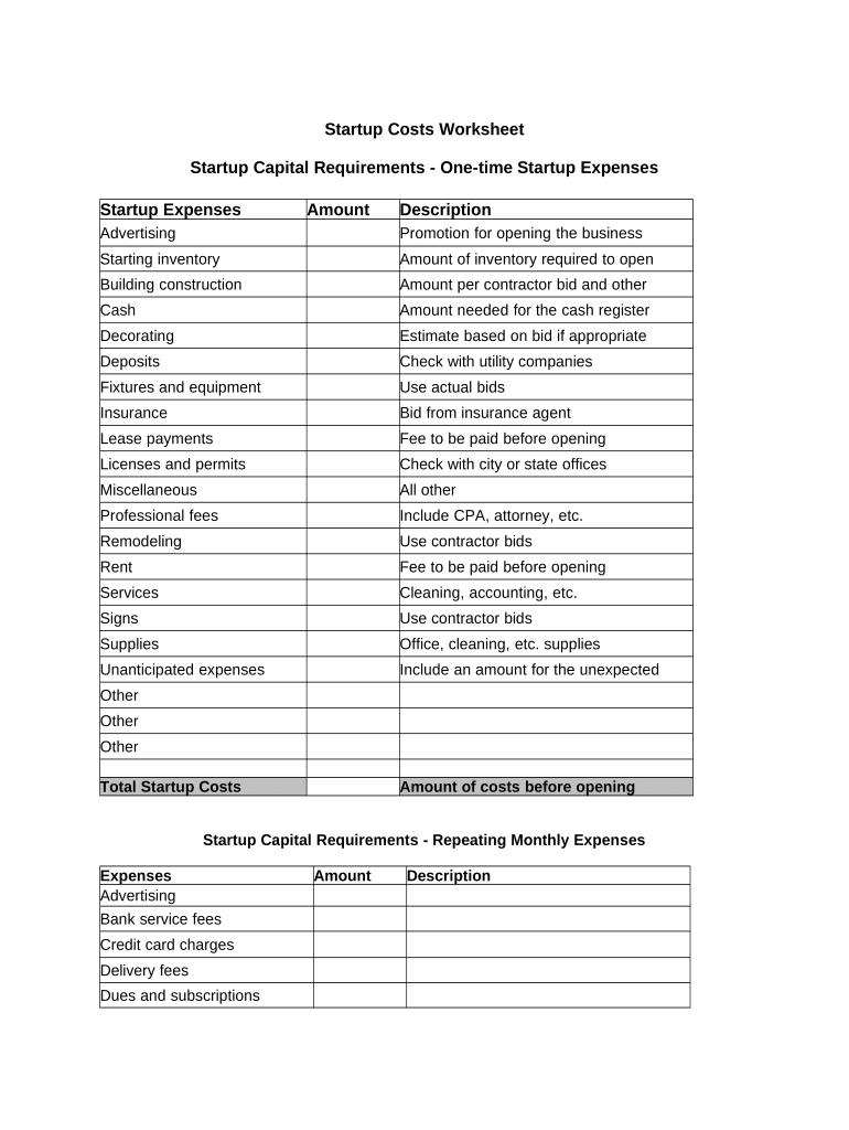 Startup Costs  Form