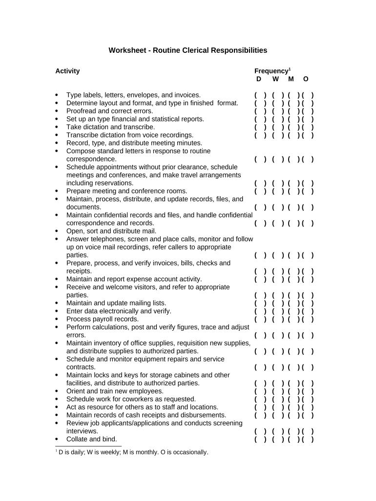 Worksheet Routine Clerical Responsibilities  Form