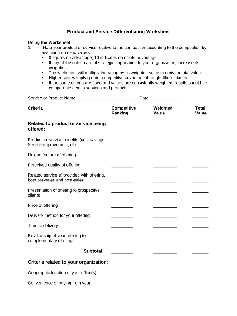 Products and Services Differentiation Worksheet  Form