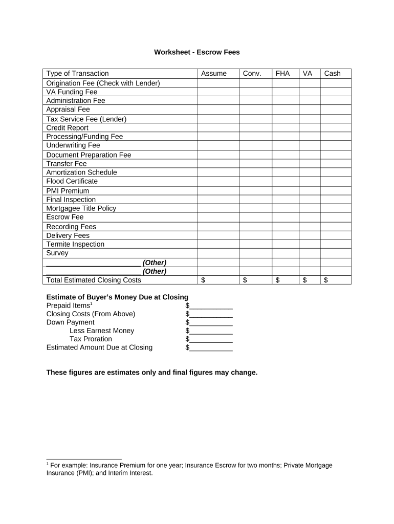 Worksheet Escrow Fees  Form