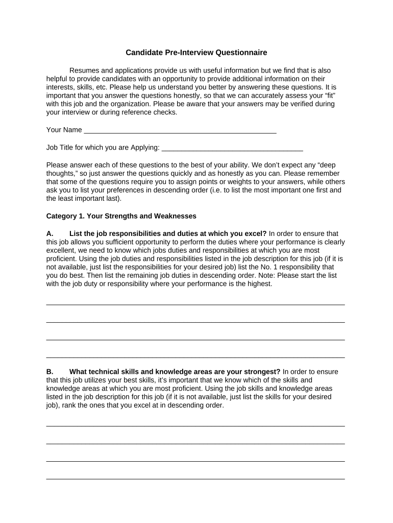 Pre Interview Questionnaire Template  Form