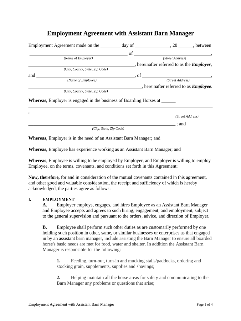 Employment Agreement with Assistant Barn Manager  Form