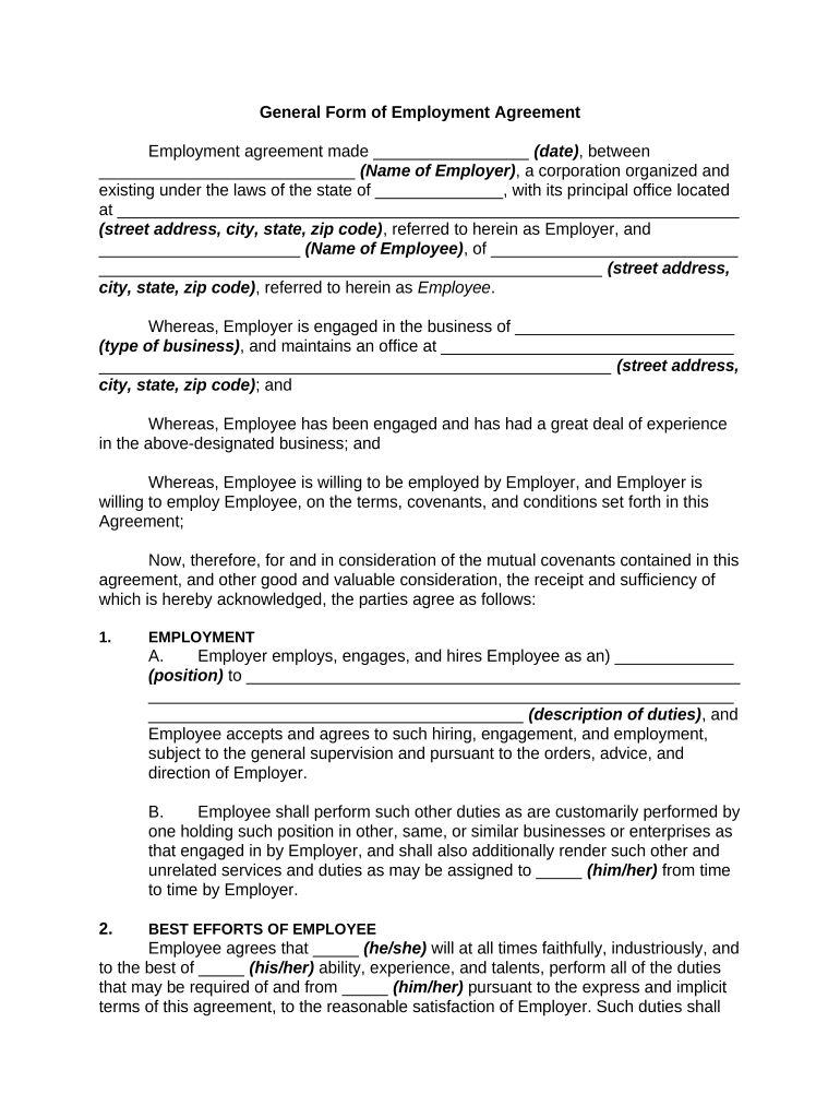 General Form of Employment Agreement