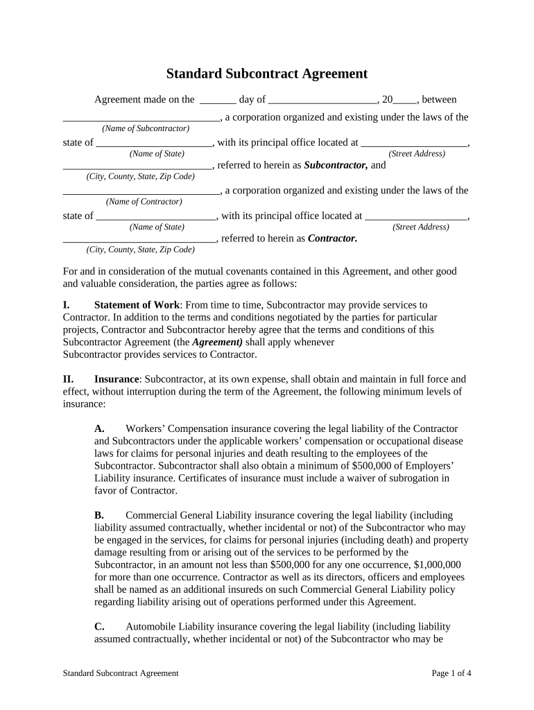 Standard Subcontract Agreement  Form