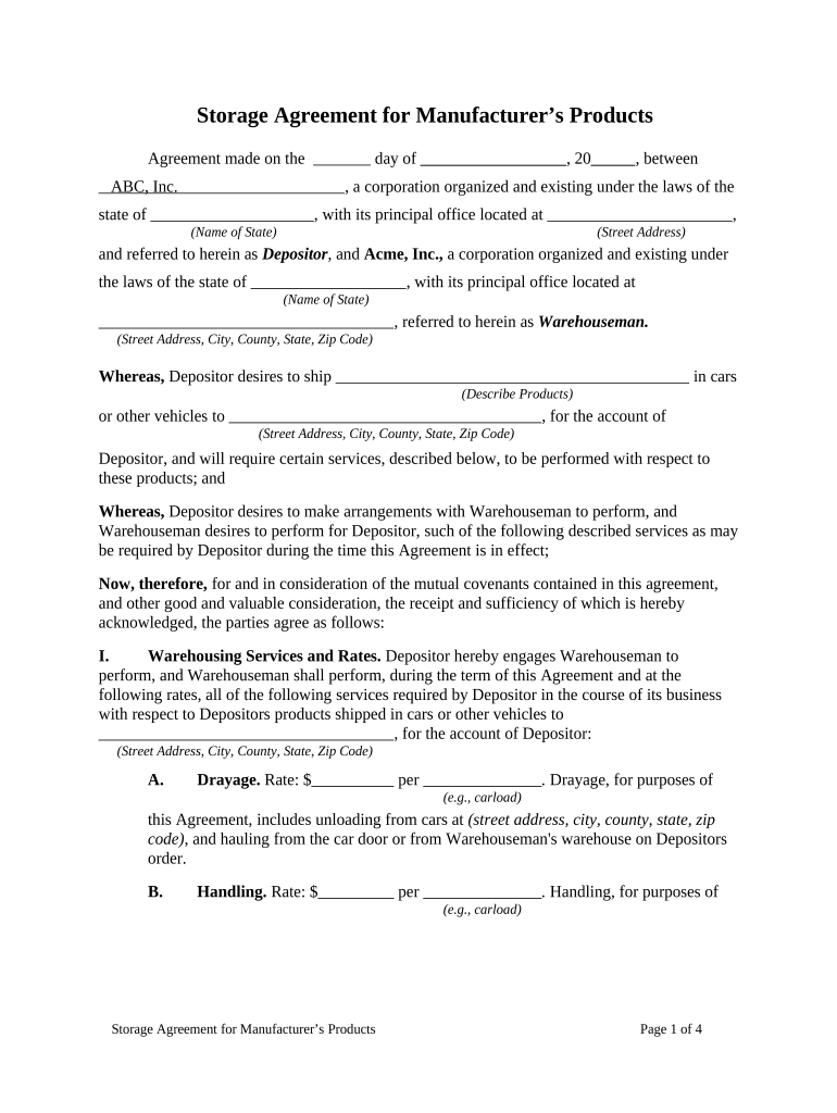 Storage Agreement for Manufacturer's Products  Form