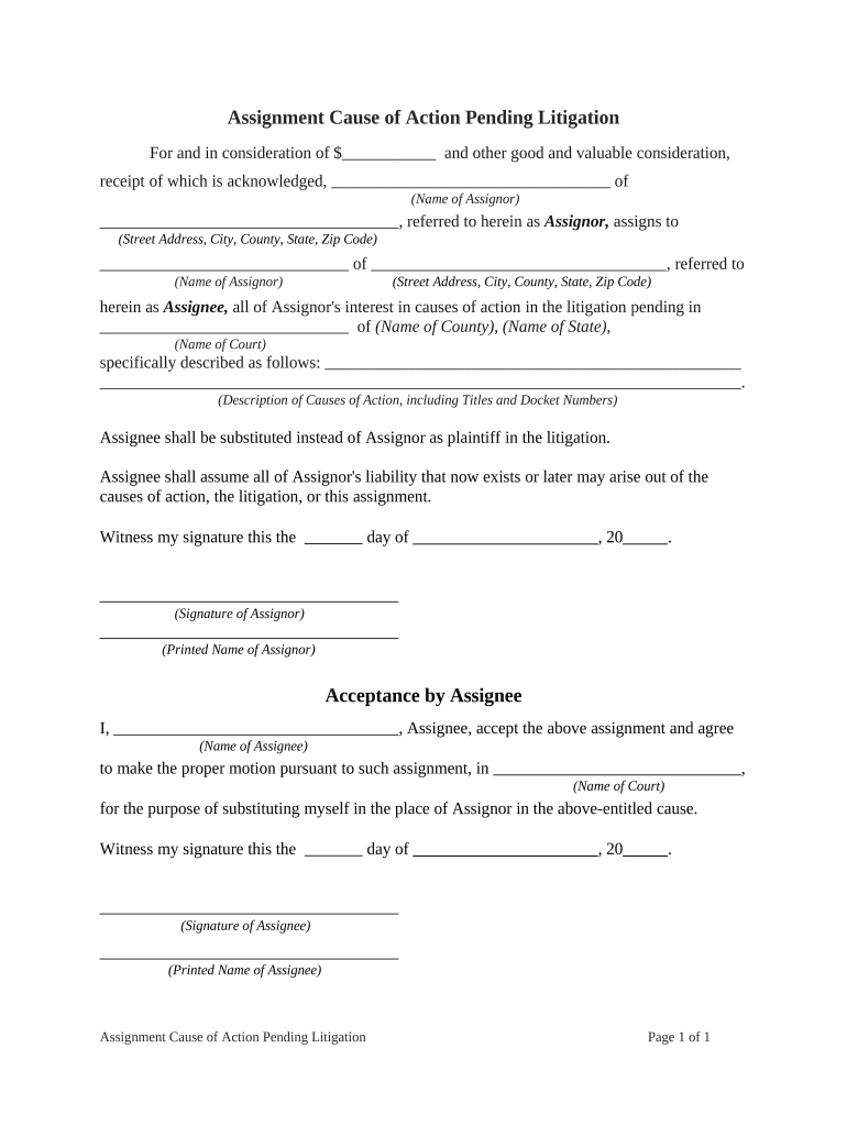 Assignment Cause of Action Pending Litigation  Form