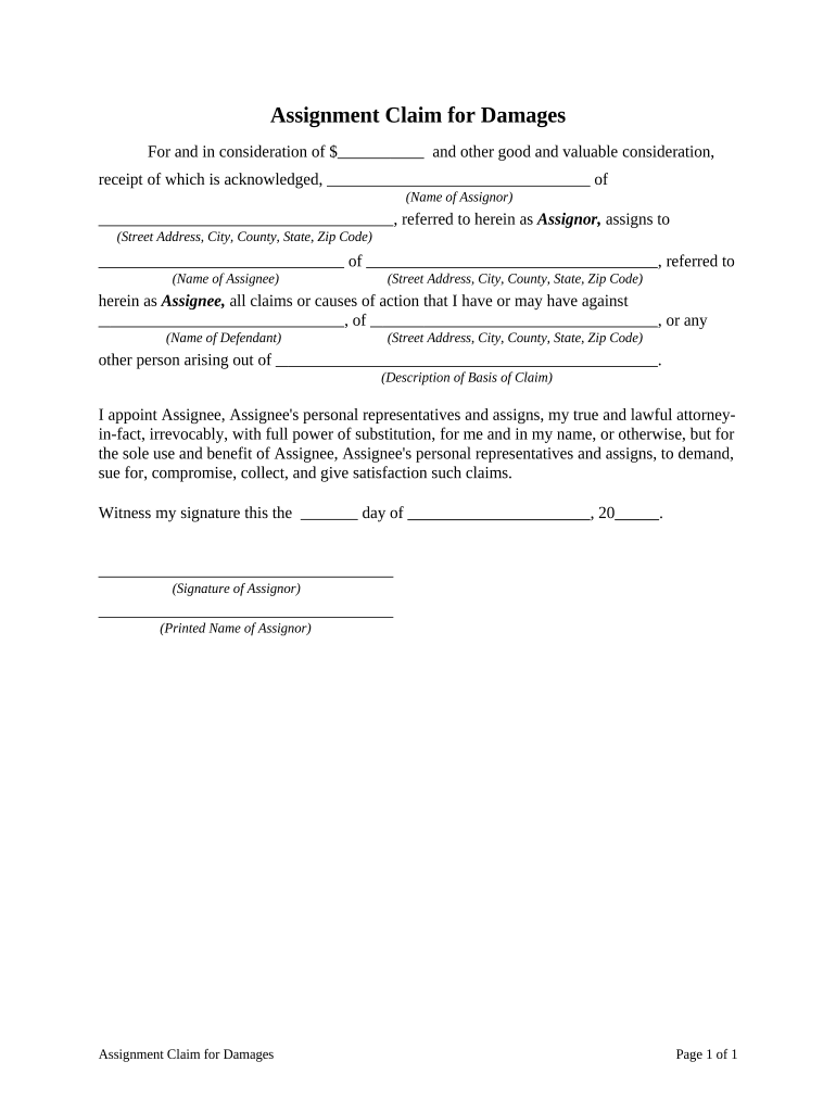 Assignment Claim for Damages  Form