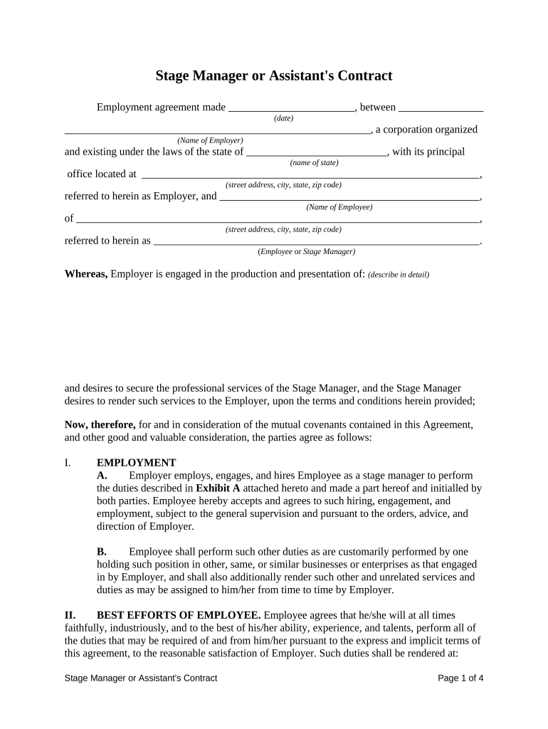 Stage Manager Contract Template  Form