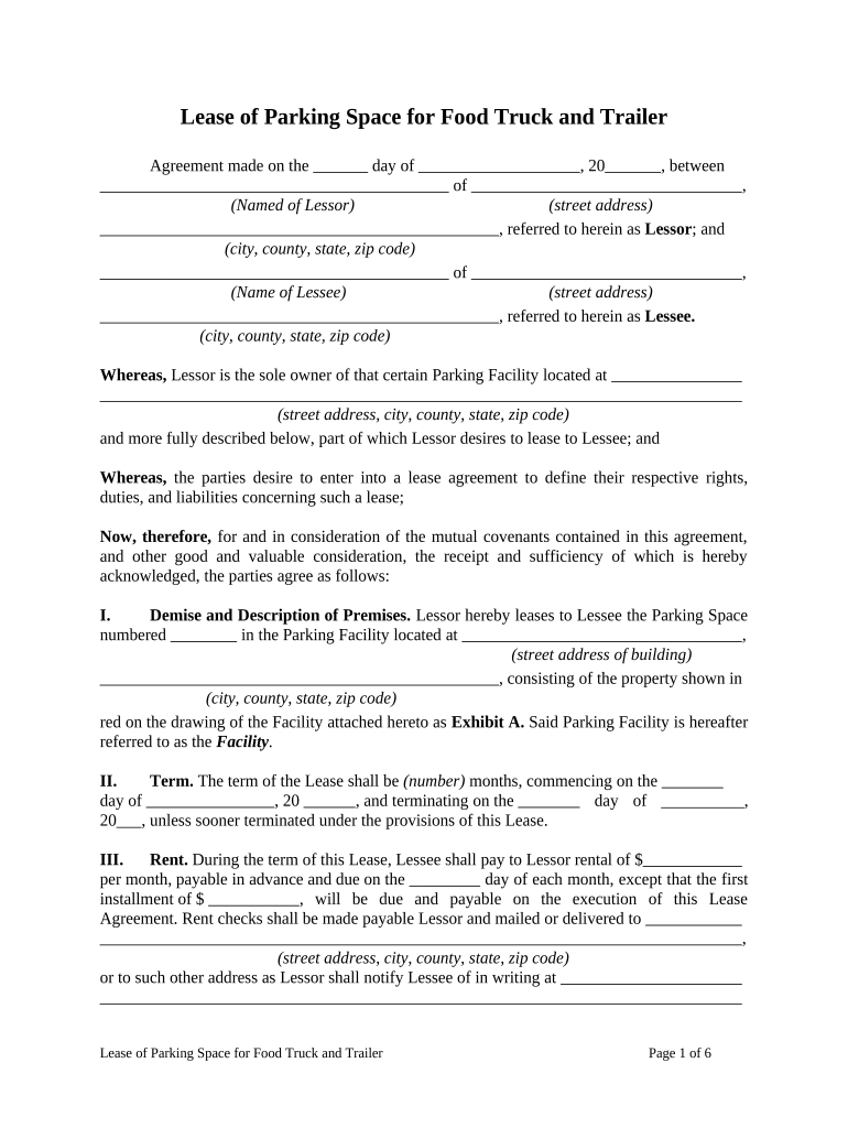 Food Truck Parking Lease Agreement  Form