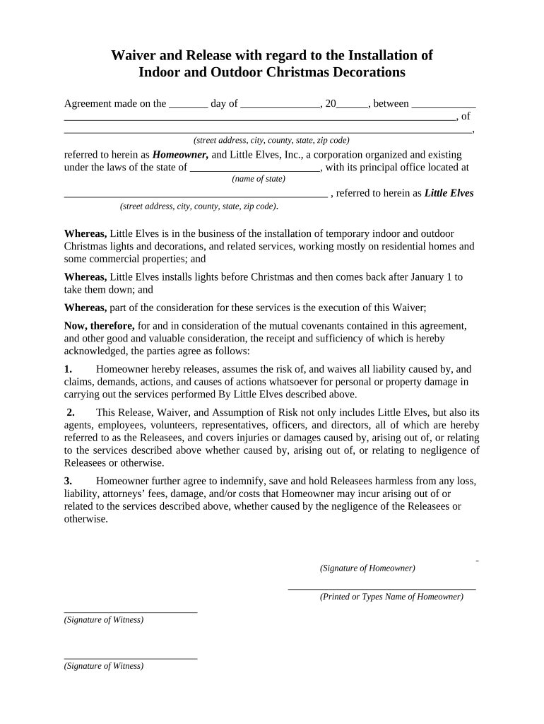 Waiver and Release with Regard to Installation of Indoor and Ourdoor Christmas Decorations  Form