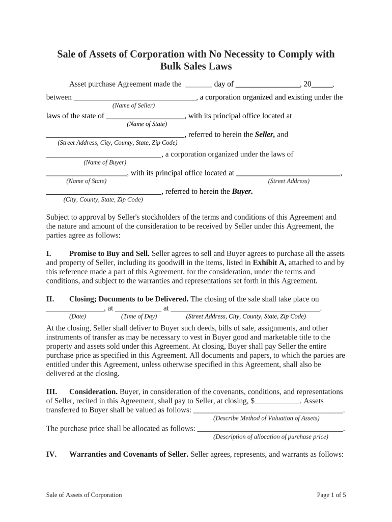 Sale of Assets of Corporation with No Necessity to Comply with Bulk Sales Laws  Form