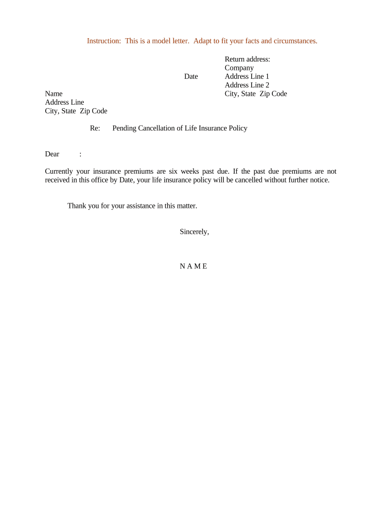 Sample Letter Cancellation Life Insurance Policy  Form