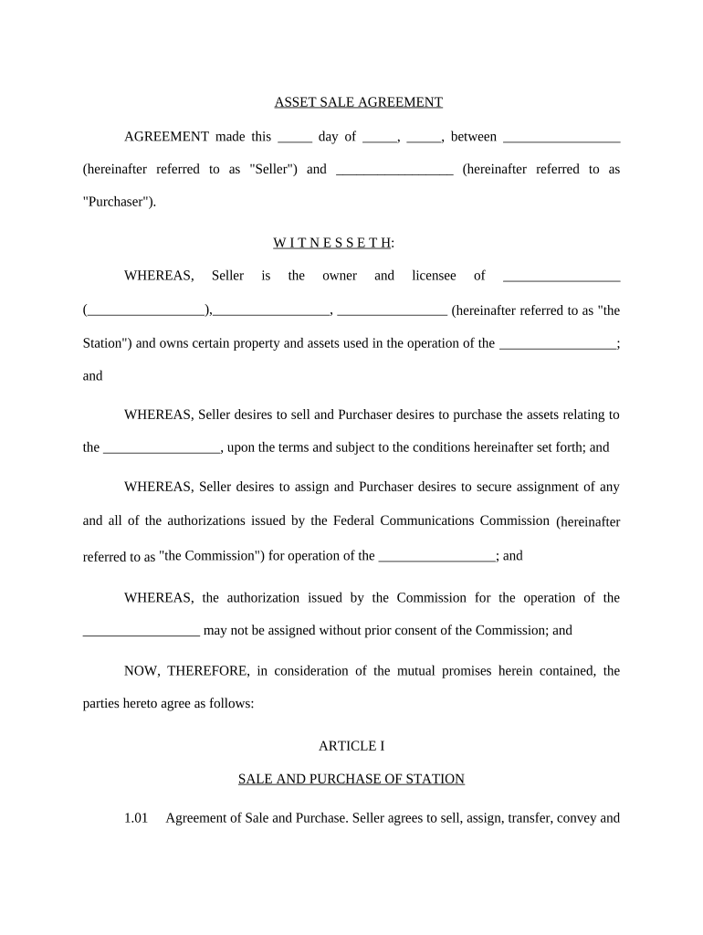 Fill and Sign the Asset Agreement Form