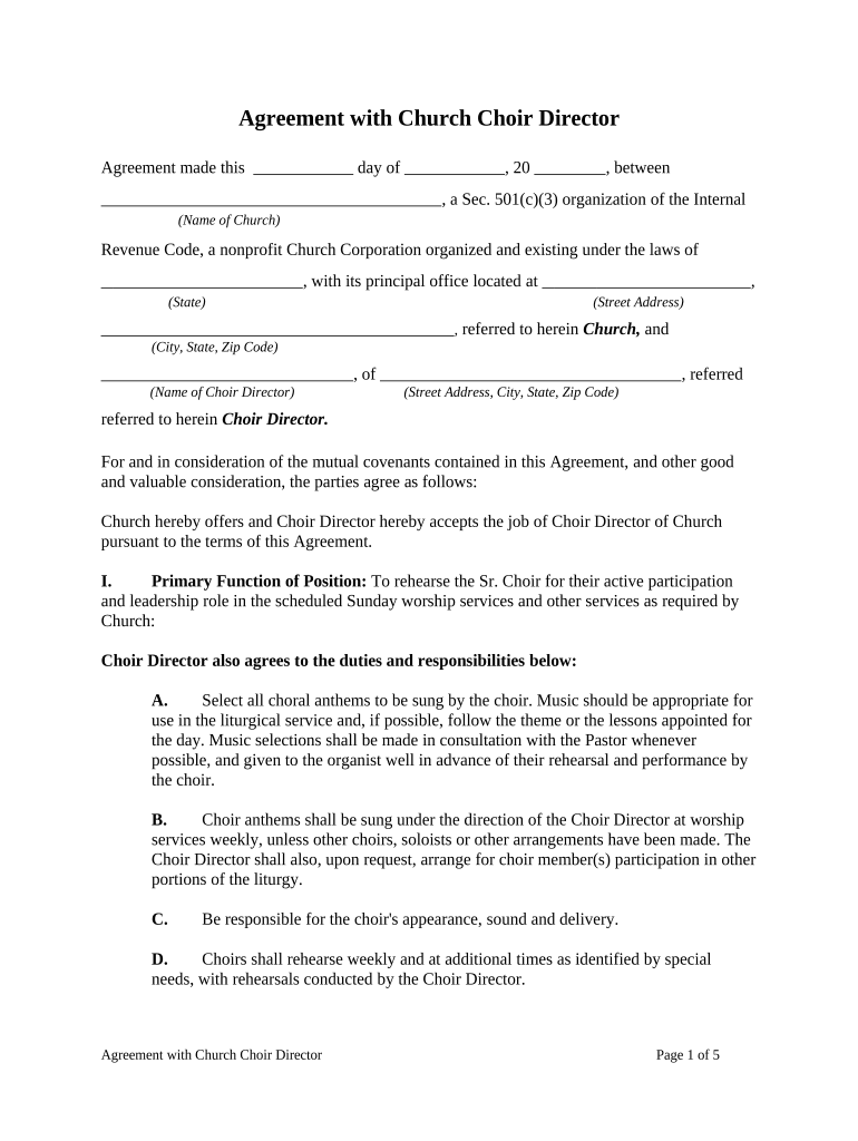 Agreement with Church Choir Director  Form