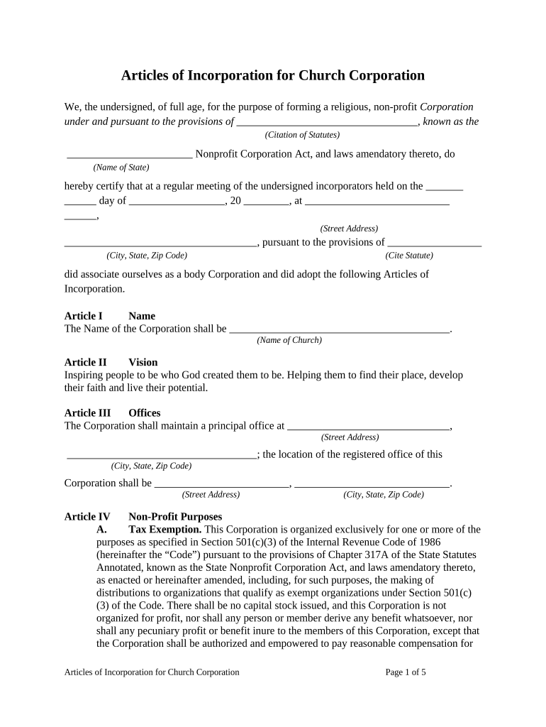 State of Louisiana Copy of the Articles of Incorporation of First Mission Baptist Church of Algiers  Form