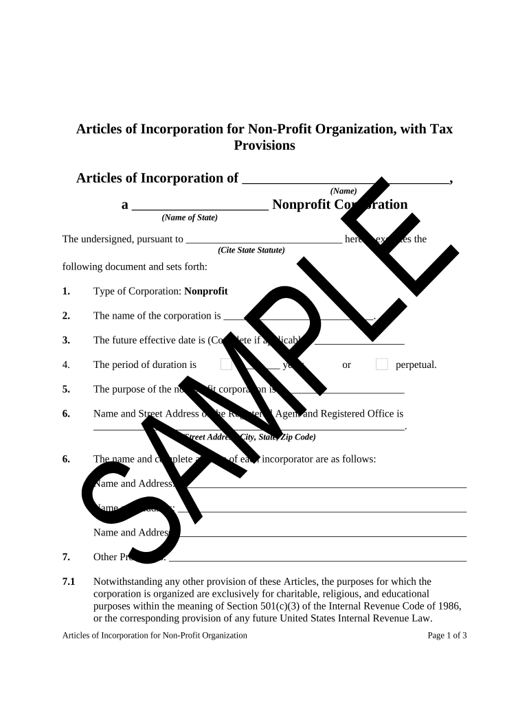 Articles Incorporation Organization  Form