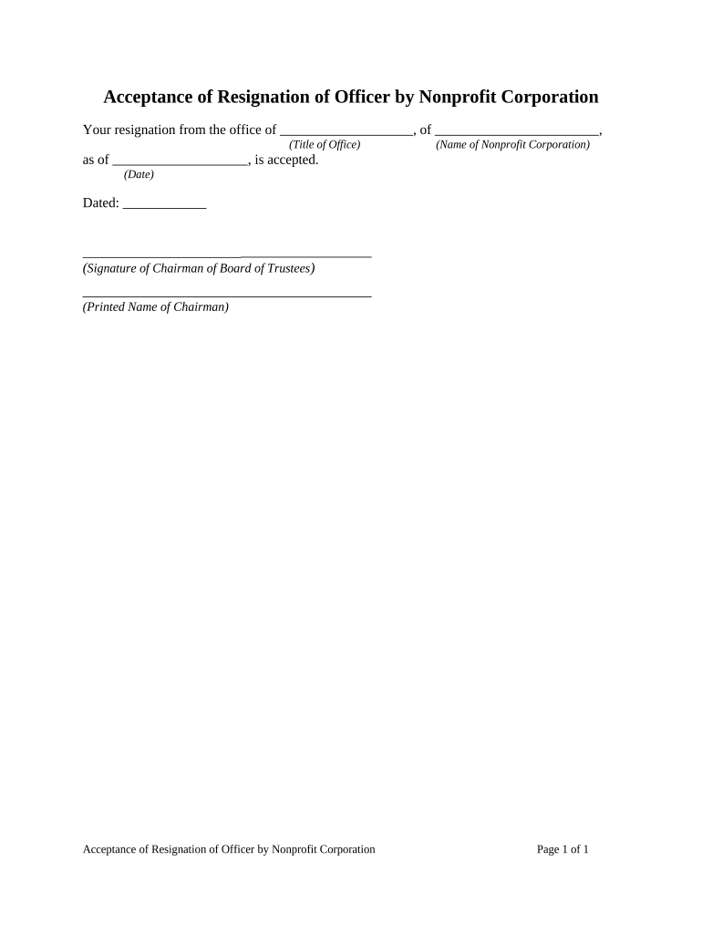 Acceptance of Resignation of Officer by Nonprofit Corporation  Form