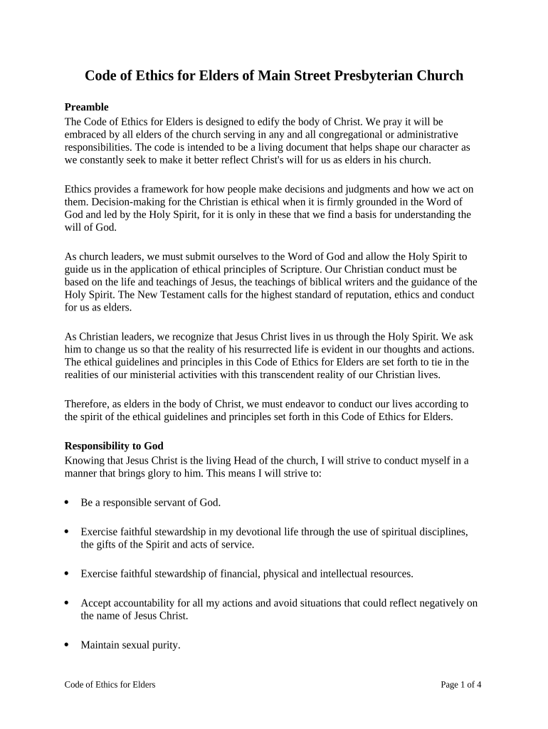 Code of Ethics for Elders of Main Street Presbyterian Church Form