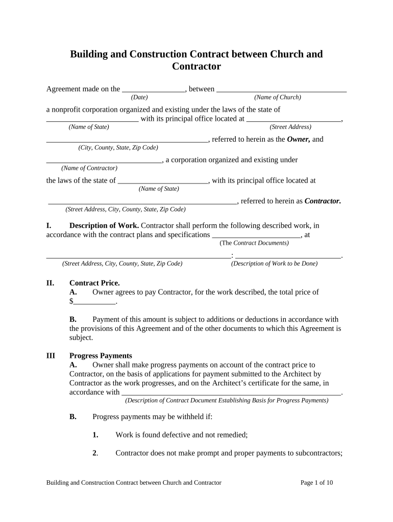 Building and Construction Contract between Church and Contractor  Form