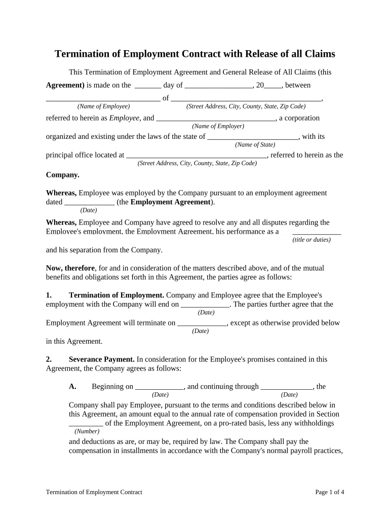 Termination of Employment Contract with Release of All Claims  Form